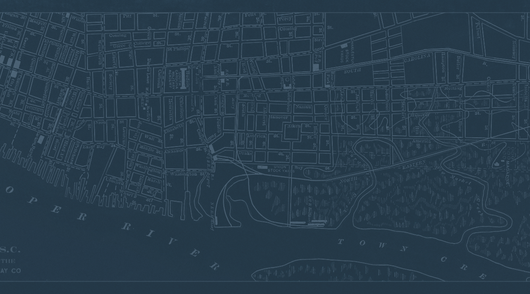 blue colored graphic showing a partial map of Charleston and other local areas