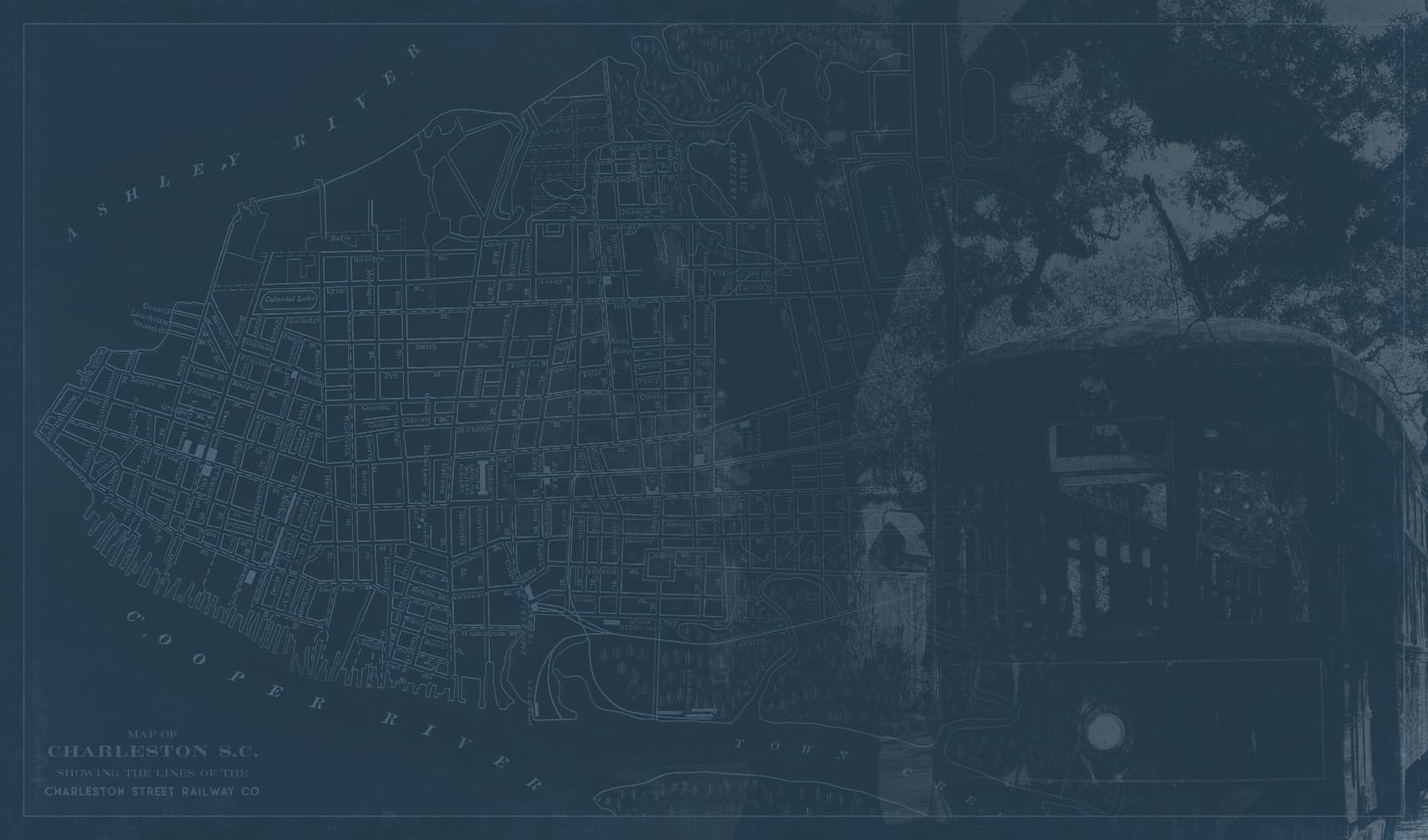 blue colored graphic displaying a partial map of Charleston and storefronts